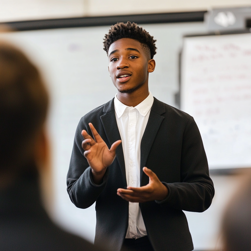 a_college_age_black_man_giving_a_speech_to_his_class A college age black man giving a speech to his class