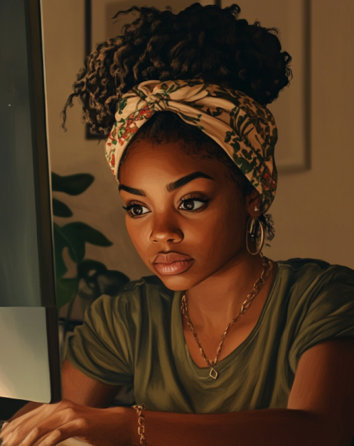 A realistic image of a black girl looking at her comp A realistic image of a black girl looking at her comp