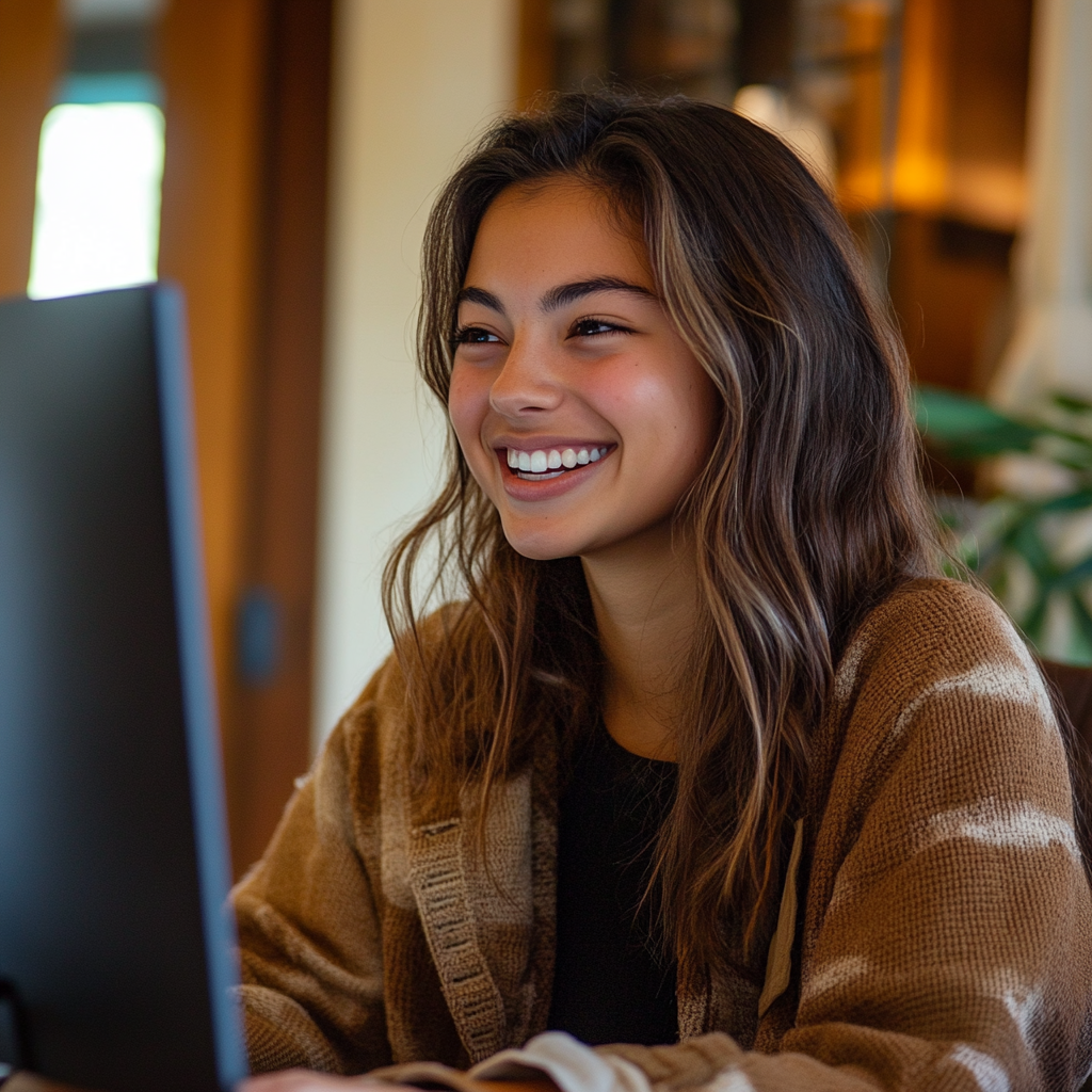 A girl smiling and talking to a computer screen A girl smiling and talking to a computer screen